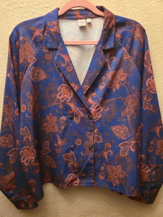 twik Tops - 🔥3/15$Twik Simons Blue Paisley Satin Button Up Blouse Size L Retro Floral Shirt
